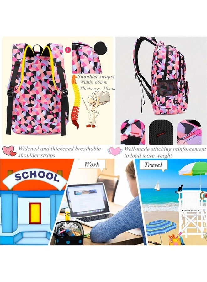 3PCS School Bags Children School Backpack Geometric Print Backpack School Bags For Teenagers Large Capacity Backpack Waterproof Backpacks 3 in 1 School Bag Lunch Bag and Pencil Case (Pink)