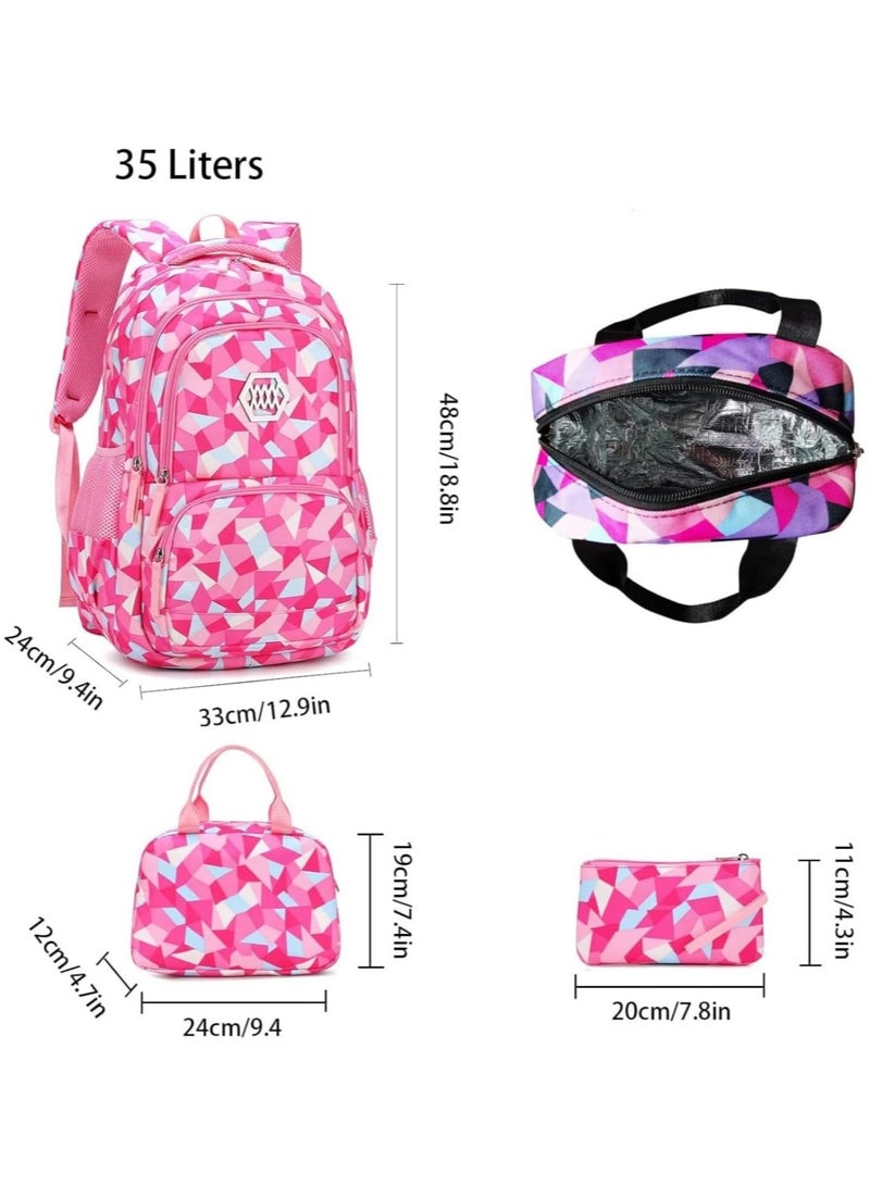 3PCS School Bags Children School Backpack Geometric Print Backpack School Bags For Teenagers Large Capacity Backpack Waterproof Backpacks 3 in 1 School Bag Lunch Bag and Pencil Case (Pink)