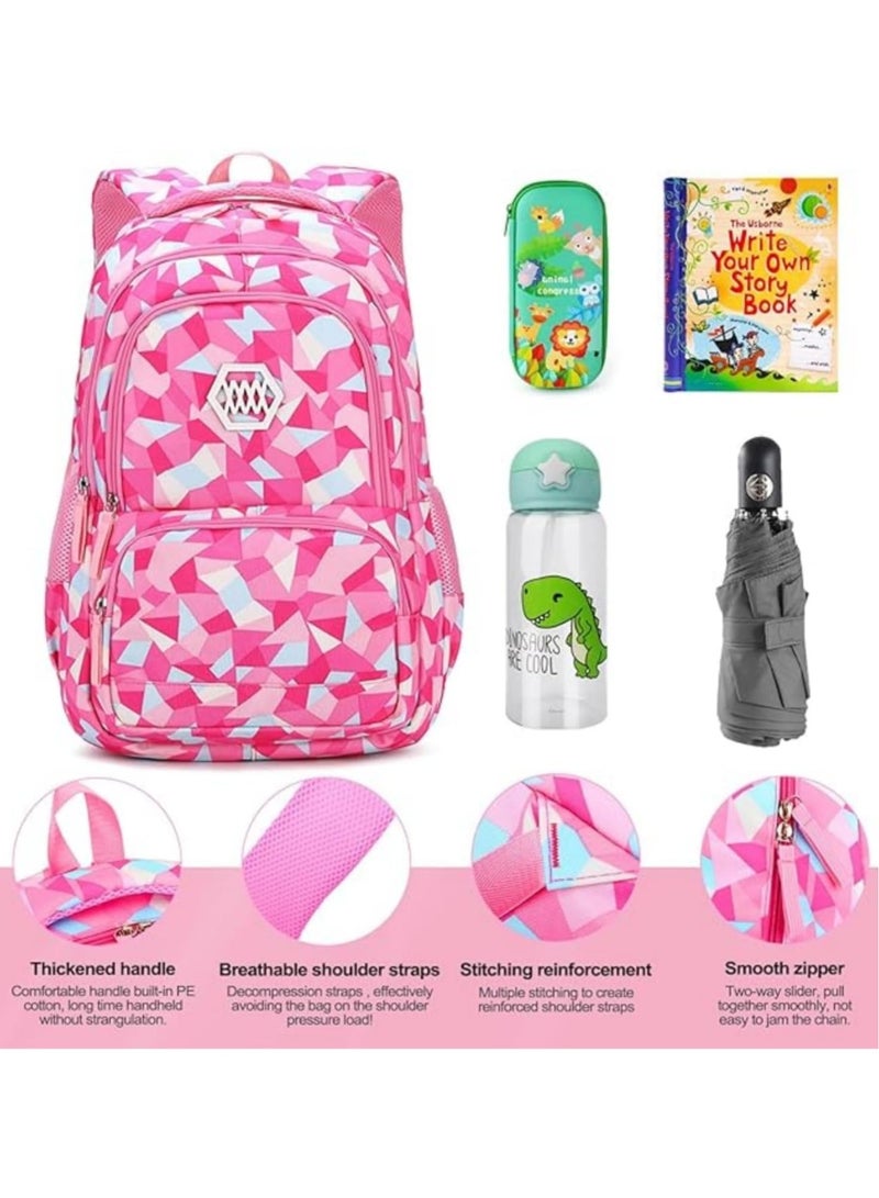 3PCS School Bags Children School Backpack Geometric Print Backpack School Bags For Teenagers Large Capacity Backpack Waterproof Backpacks 3 in 1 School Bag Lunch Bag and Pencil Case (Pink)