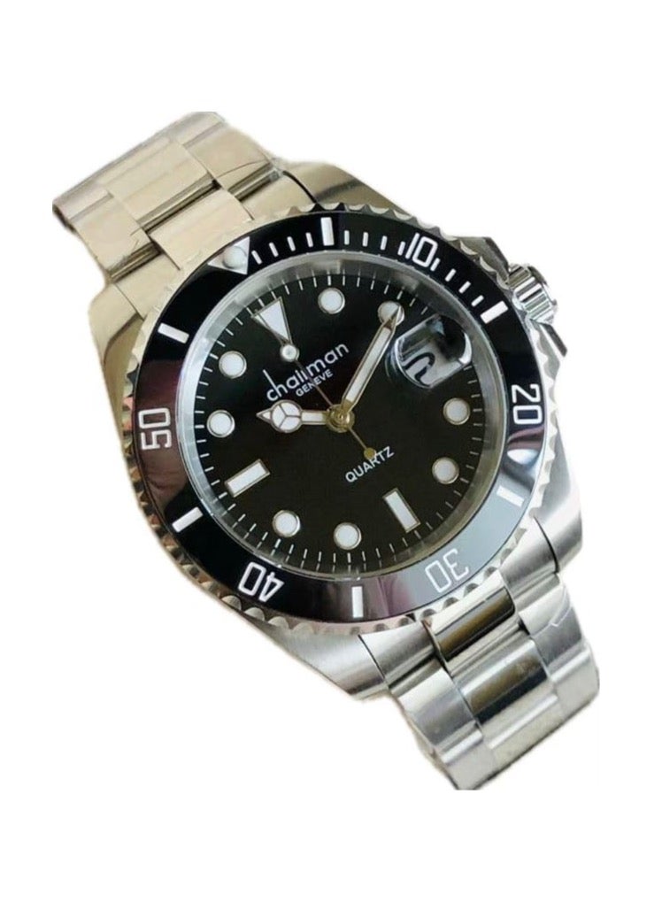 Men's Stainless Steel Wrist Watch, 40mm, Water Resistant, Black Bezel and Black Dial with Date