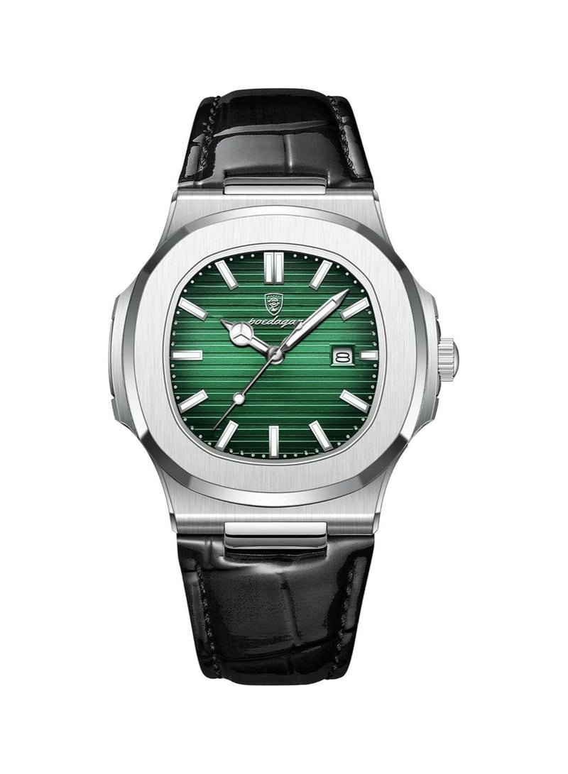 Stylish Classic Watch with Black Leather Band, Green Dial, Analog Quartz Movement, WDS613-1