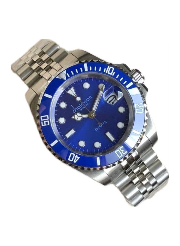 Men's Stainless Steel Wrist Watch, 40mm, Water Resistant, Blue Bezel and Blue Dial with Date