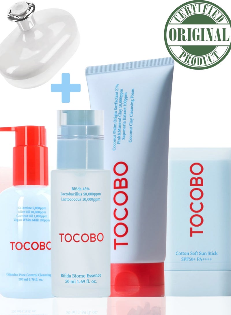 Tocobo Pore Cleansing Oil 200ml, Soft Sun Stick, Coconut Cleansing Foam 150ml, Bifida Biome Essence 50ml & Face Scrubber | Comprehensive Skincare Set for Cleansing, Sun Protection, and Skin Health