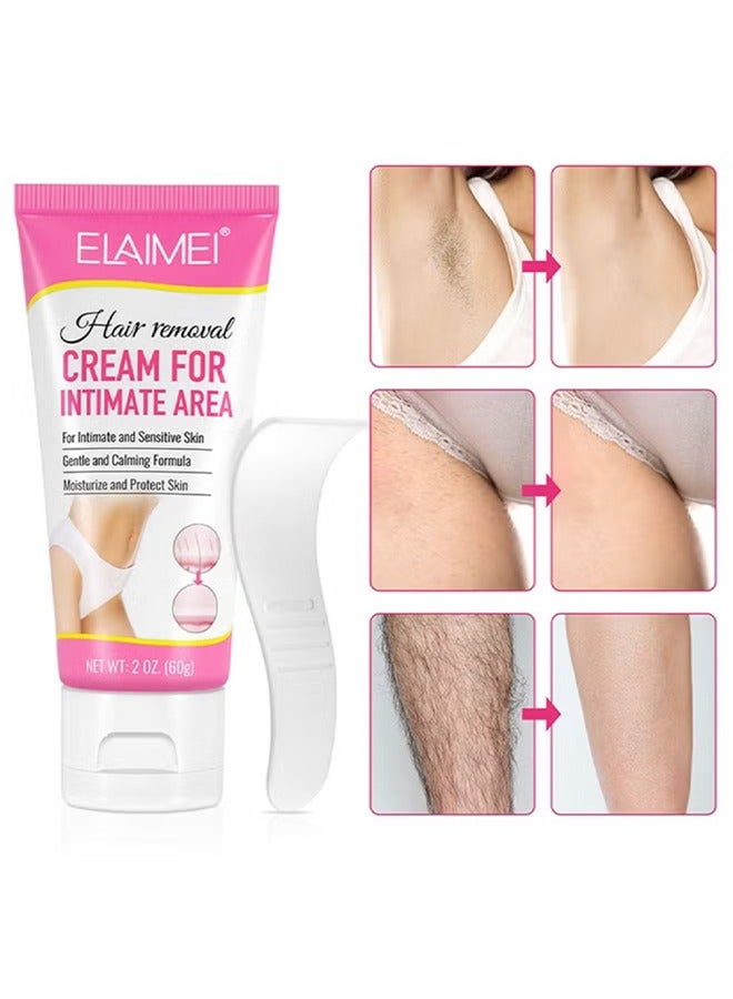 Hair Removal Cream For Intimate Area-Painless Flawless Depilatory Cream For Private Areas, Pubic, Bikini, Body, Leg, And Underarms, Sensitive Formula For All Skin Types, Long-Lasting Fast-Acting 60G