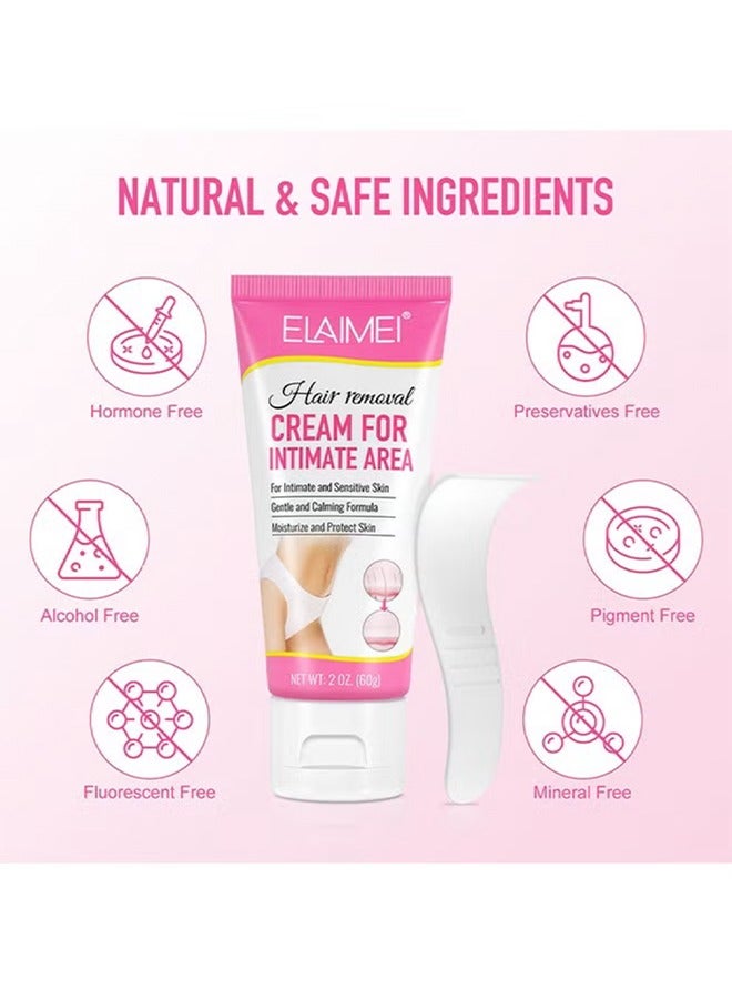 Hair Removal Cream For Intimate Area-Painless Flawless Depilatory Cream For Private Areas, Pubic, Bikini, Body, Leg, And Underarms, Sensitive Formula For All Skin Types, Long-Lasting Fast-Acting 60G