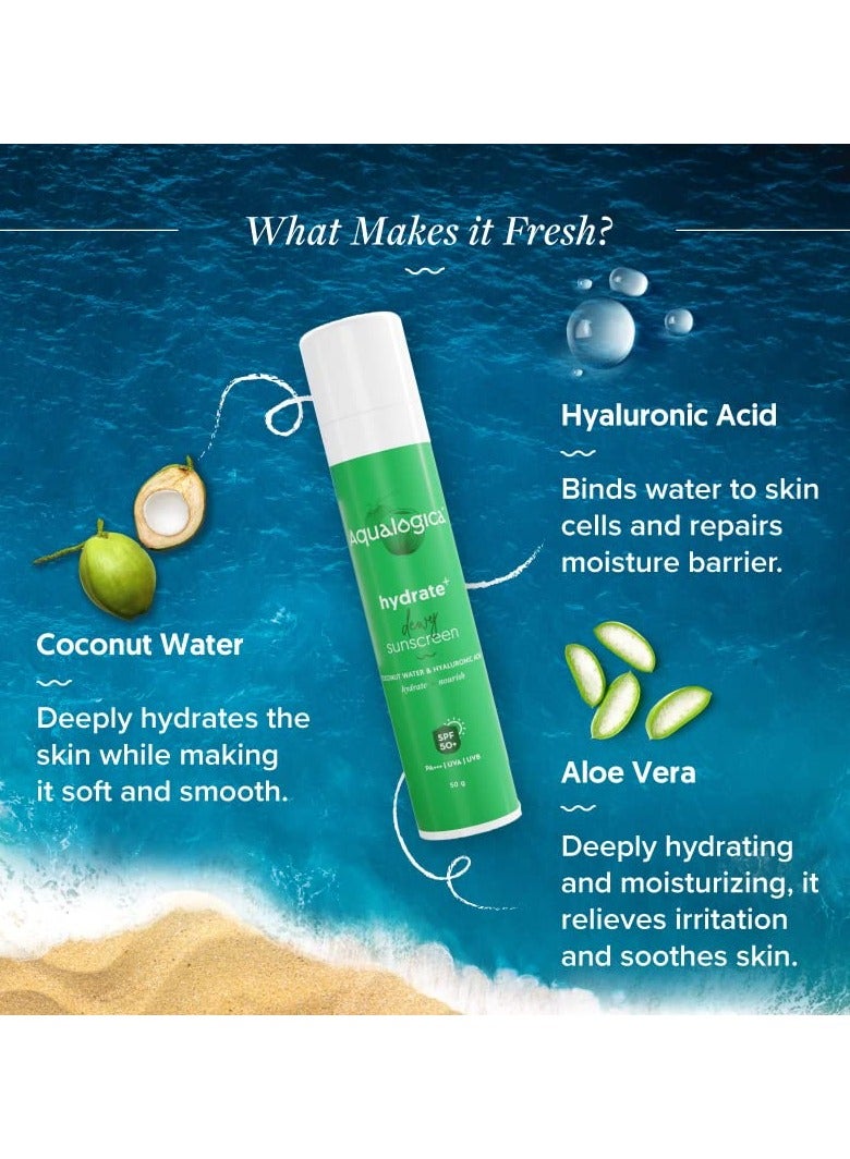 Aqualogica Hydrate+ Dewy Sunscreen SPF 50 PA+++ 50g UVA/B and Blue Light Protection for Men and Women For Oily, Combination and Dry Skin Fragrance-Free