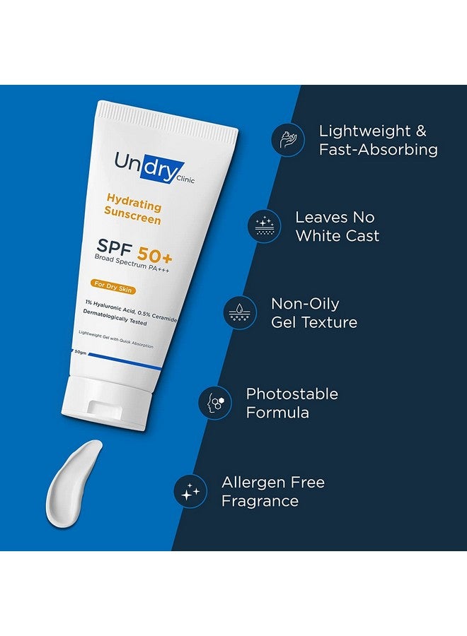 Hydrating Sunscreen For Dry Skin (50Gm) Lightweight Photostable Sunscreen Spf 50 Broad Spectrum Sun Screen Protector Spf 50 Sunscreen For Women & Sunscreen For Men; Sun Cream With Ha & Ceramide