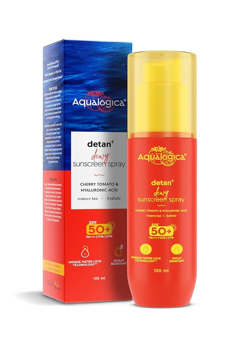 Aqualogica Detan+ Dewy Sunscreen Spray Spf 50+ Pa++++ Uva/B Protectionihydrating and Sweat Resistant White Cast-100 For Men and Women|Oxybenzone Free - All Skin Type