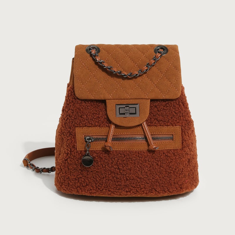 Autumn Winter Chic Suede Chain Backpack Women Brown