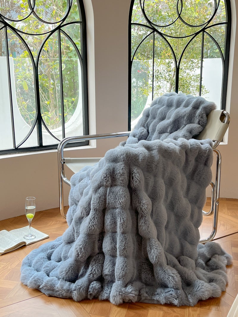 Double-Layer Faux Fur Blanket Plush Rabbit Throw Gray Blue