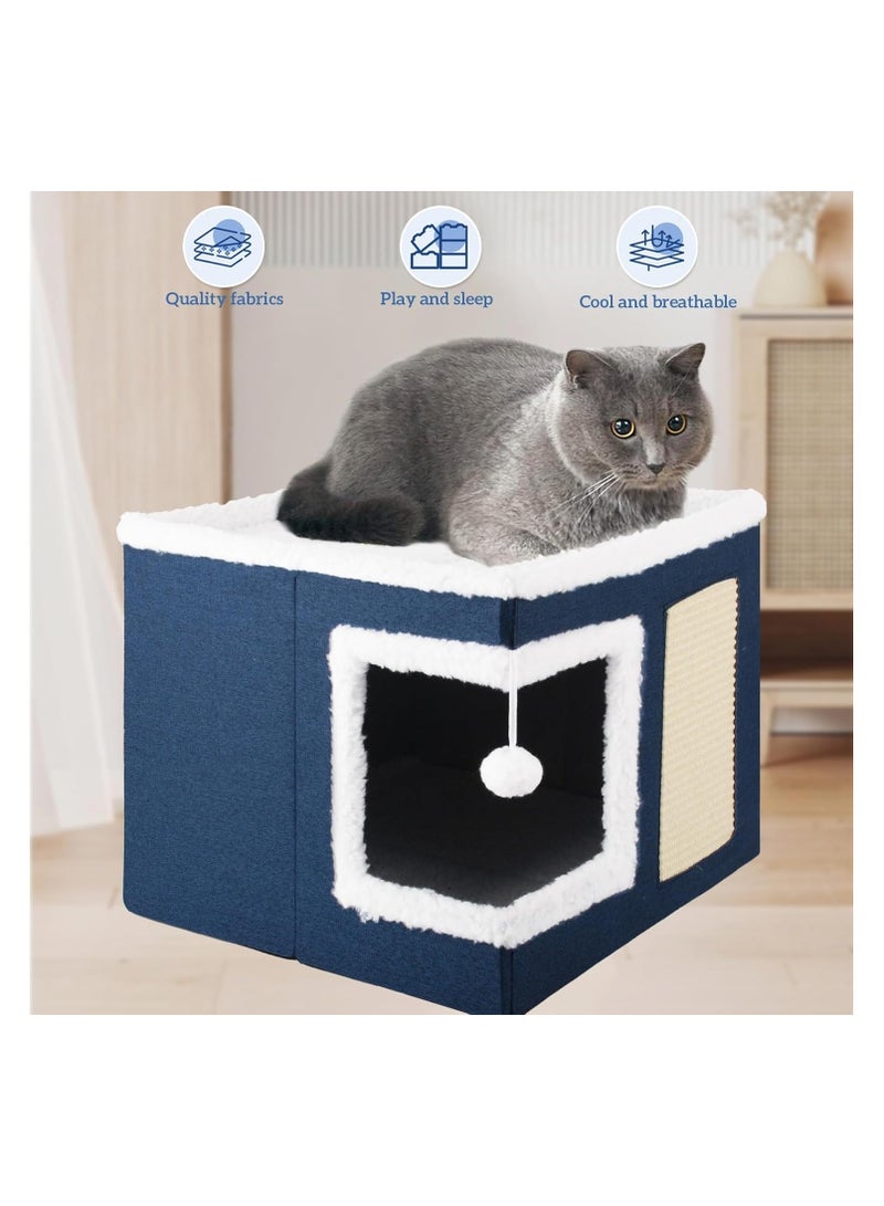 Cat Bed for Indoor Cats, Cat House with Durable Scratching Board and Dangling Toy Ball, Foldable Cat Condo with Reversible Cushions and Large Opening (Grey)