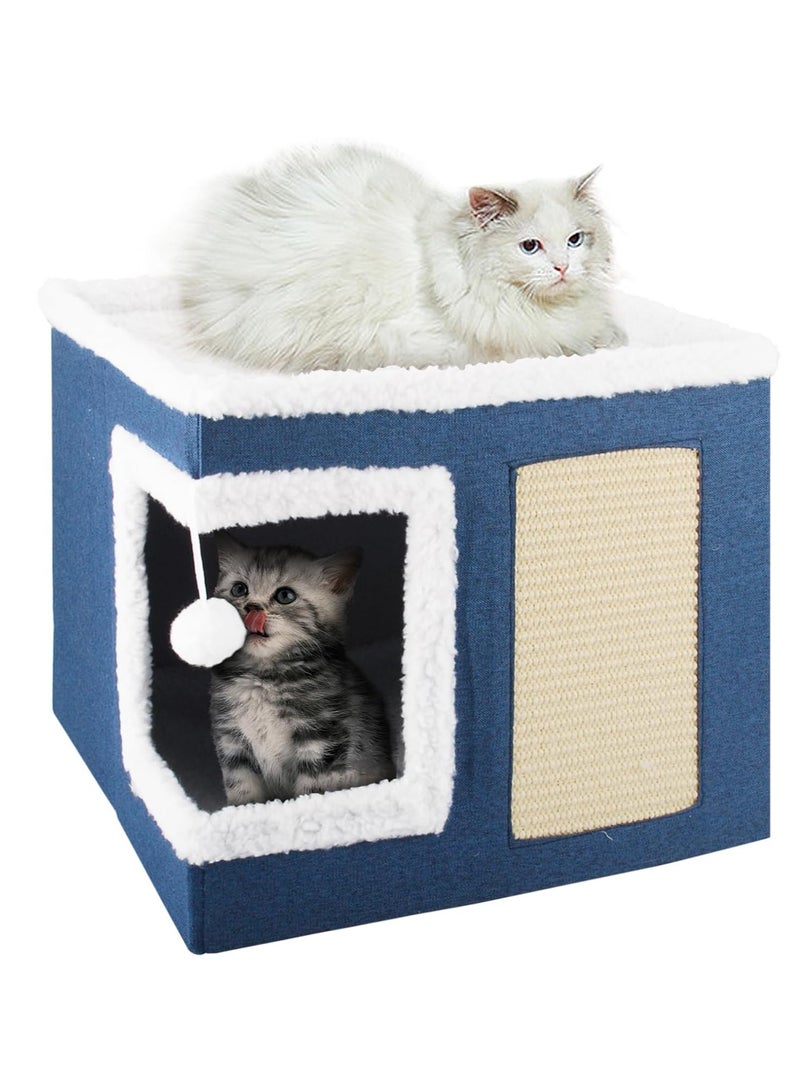 Cat Bed for Indoor Cats, Cat House with Durable Scratching Board and Dangling Toy Ball, Foldable Cat Condo with Reversible Cushions and Large Opening (Grey)