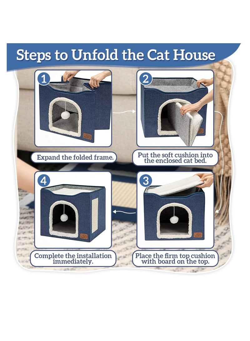 Cat Bed for Indoor Cats, Cat House with Durable Scratching Board and Dangling Toy Ball, Foldable Cat Condo with Reversible Cushions and Large Opening (Grey)