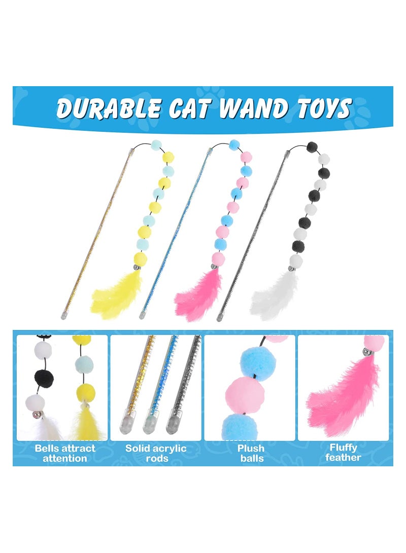 SYOSI Cat Wand, 3Pcs Cat Feather Toys Interactive Cat Toys with Bell, for Indoor Cats Adult Kitten, Funny Cat Balls Stick Cat Toy Set Kitten Toy, for Cat Playing Exercising and Training