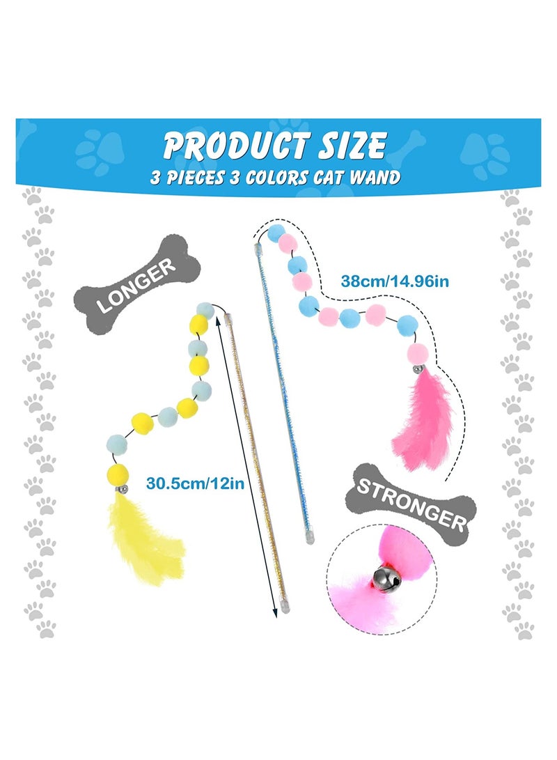 SYOSI Cat Wand, 3Pcs Cat Feather Toys Interactive Cat Toys with Bell, for Indoor Cats Adult Kitten, Funny Cat Balls Stick Cat Toy Set Kitten Toy, for Cat Playing Exercising and Training