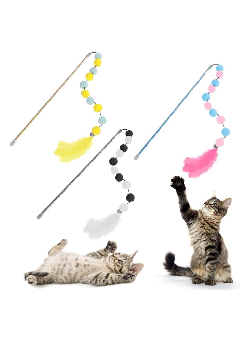 SYOSI Cat Wand, 3Pcs Cat Feather Toys Interactive Cat Toys with Bell, for Indoor Cats Adult Kitten, Funny Cat Balls Stick Cat Toy Set Kitten Toy, for Cat Playing Exercising and Training