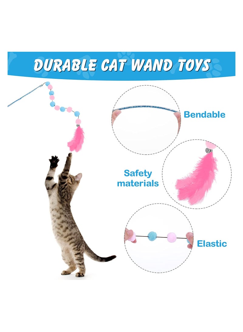 SYOSI Cat Wand, 3Pcs Cat Feather Toys Interactive Cat Toys with Bell, for Indoor Cats Adult Kitten, Funny Cat Balls Stick Cat Toy Set Kitten Toy, for Cat Playing Exercising and Training