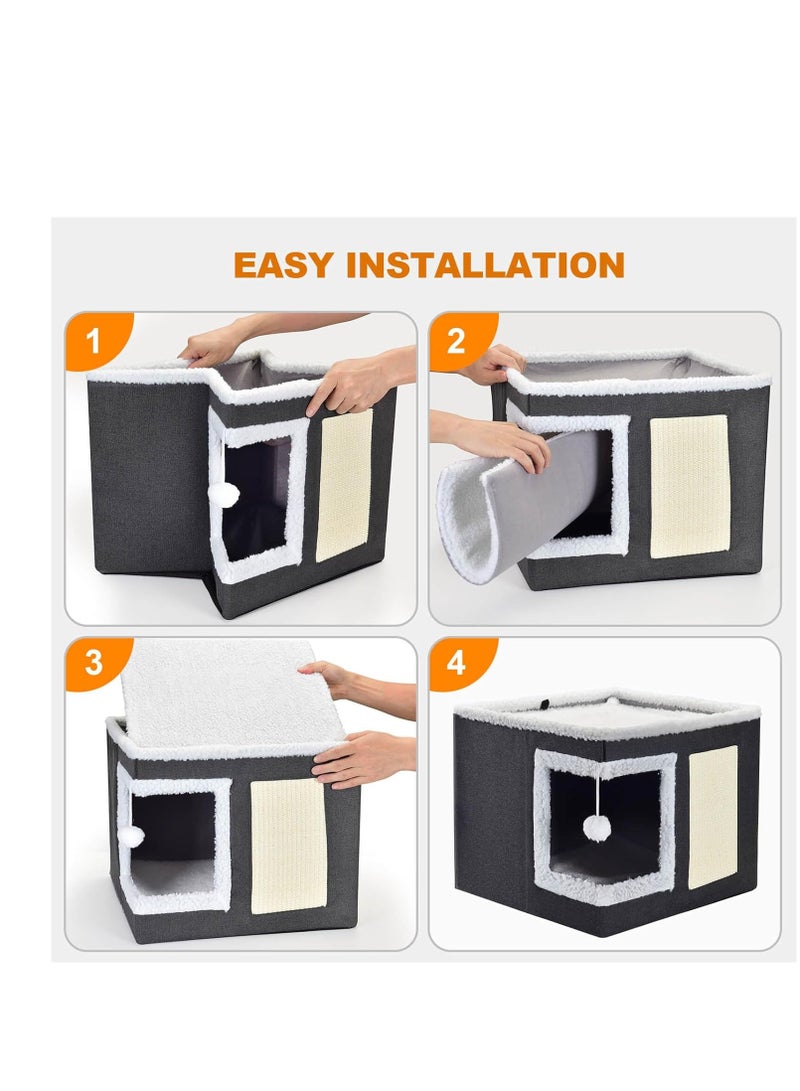 Cat Bed for Indoor Cats, Large Covered Cat House with Scratch Pad, Foldable Cat Cave Bed & Hideaway Cube with Reversible Cushions, Cute Cat Condo for Multi Small Pet Kitten (Dark Grey)