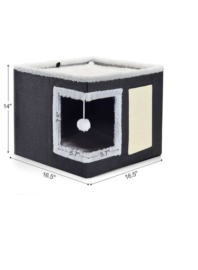 Cat Bed for Indoor Cats, Large Covered Cat House with Scratch Pad, Foldable Cat Cave Bed & Hideaway Cube with Reversible Cushions, Cute Cat Condo for Multi Small Pet Kitten (Dark Grey)