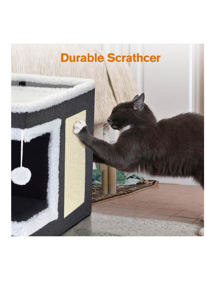 Cat Bed for Indoor Cats, Large Covered Cat House with Scratch Pad, Foldable Cat Cave Bed & Hideaway Cube with Reversible Cushions, Cute Cat Condo for Multi Small Pet Kitten (Dark Grey)