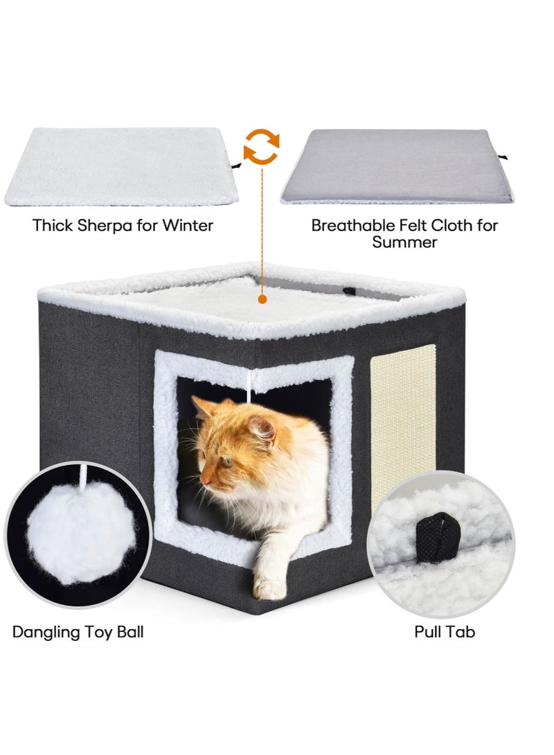 Cat Bed for Indoor Cats, Large Covered Cat House with Scratch Pad, Foldable Cat Cave Bed & Hideaway Cube with Reversible Cushions, Cute Cat Condo for Multi Small Pet Kitten (Dark Grey)