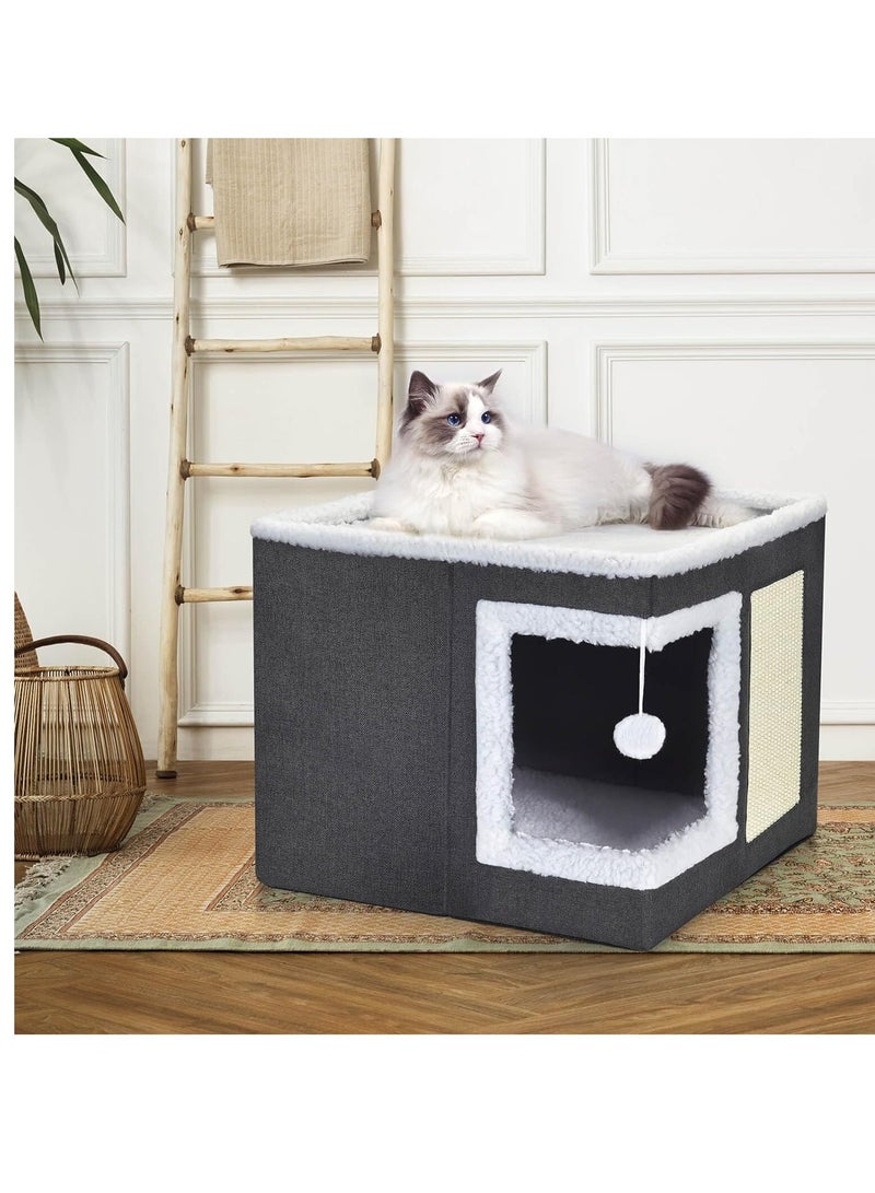 Cat Bed for Indoor Cats, Large Covered Cat House with Scratch Pad, Foldable Cat Cave Bed & Hideaway Cube with Reversible Cushions, Cute Cat Condo for Multi Small Pet Kitten (Dark Grey)