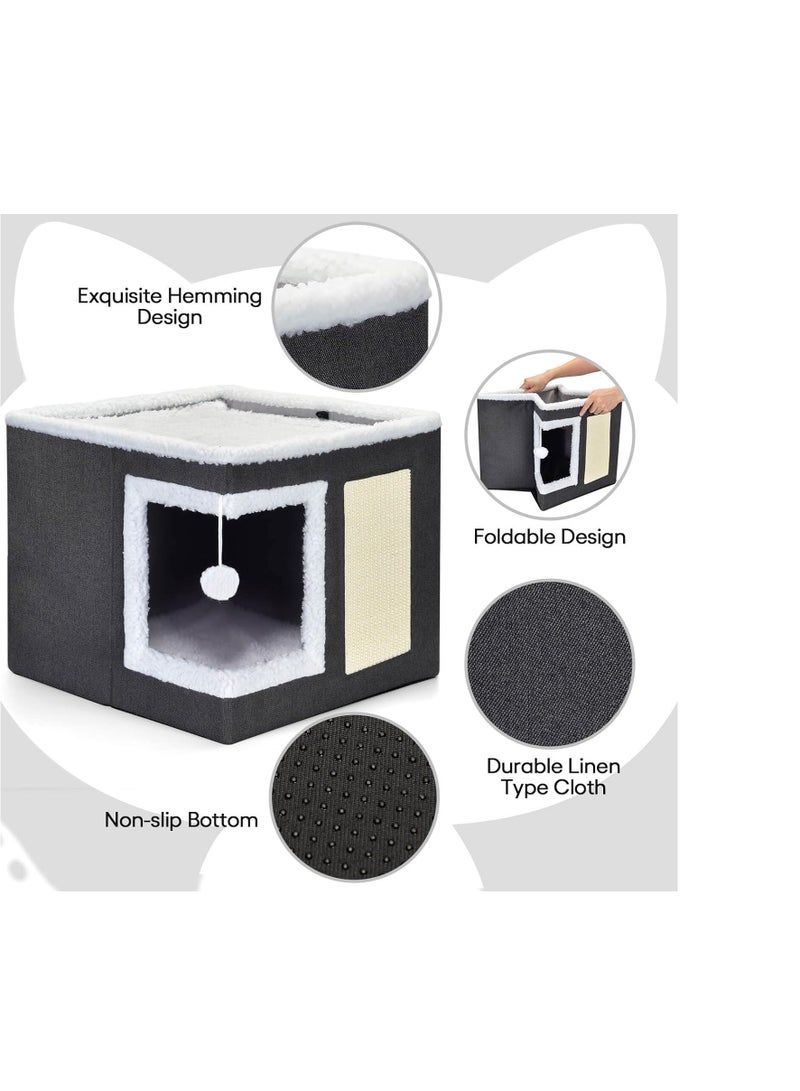 Cat Bed for Indoor Cats, Large Covered Cat House with Scratch Pad, Foldable Cat Cave Bed & Hideaway Cube with Reversible Cushions, Cute Cat Condo for Multi Small Pet Kitten (Dark Grey)