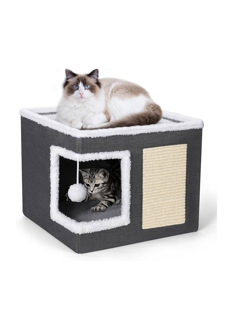 Cat Bed for Indoor Cats, Large Covered Cat House with Scratch Pad, Foldable Cat Cave Bed & Hideaway Cube with Reversible Cushions, Cute Cat Condo for Multi Small Pet Kitten (Dark Grey)