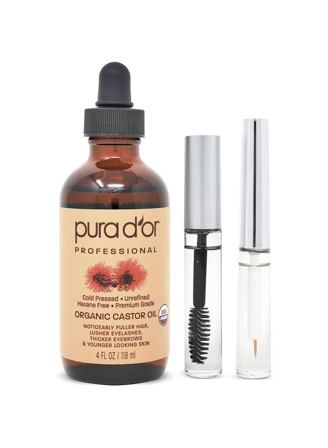 Organic Castor Oil (4Oz + 2 Bonus Prefilled Eyelash & Eyebrow Brushes) 100% Pure Cold Pressed Hexane Free Serum For Fuller Thicker Lashes & Brows & Moisturizes Skin