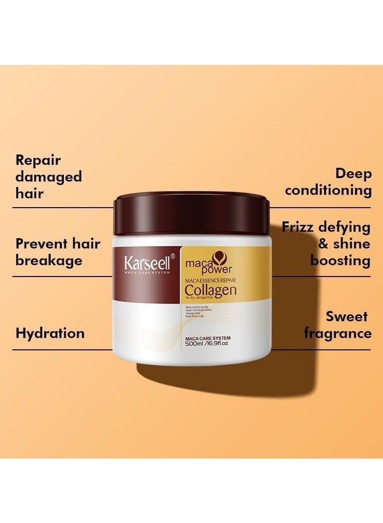 Karseell Collagen Maca Hair Treatment Deep Repair Conditioning Hair Mask Argan Oil Coconut Oil Essence for Dry Damaged Hair 16.90 Fl oz 500ml