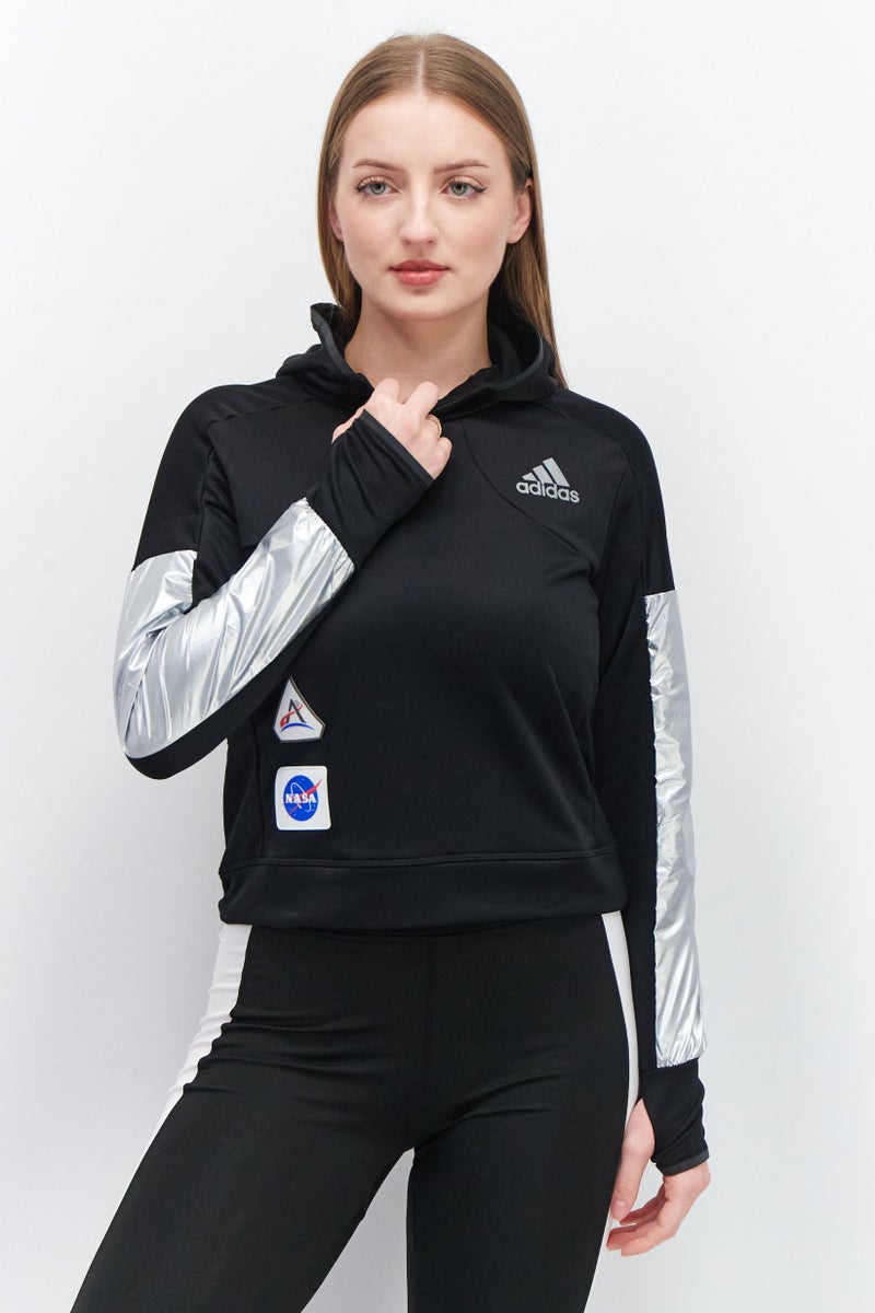 Women Sportswear Fit Hooded Long Sleeve Training Sweatshirt, Black/Sliver