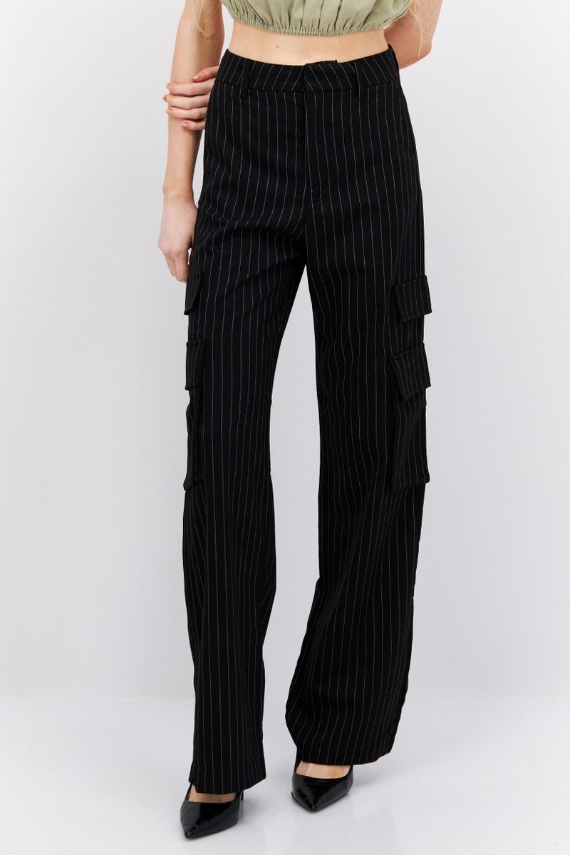 Women Regular Fit Striped Cargo Pants, Black/White