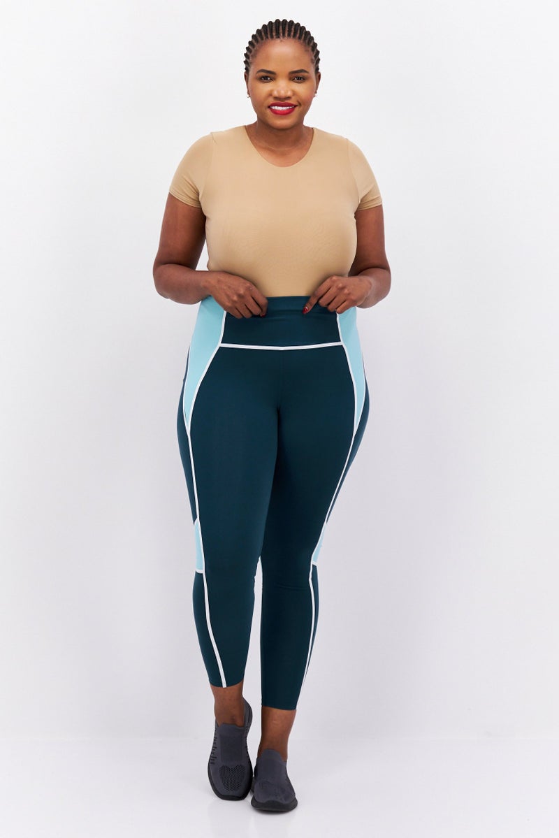 Women Plus Size Training Tights, Dark Green/Combo