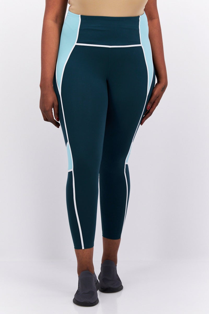 Women Plus Size Training Tights, Dark Green/Combo