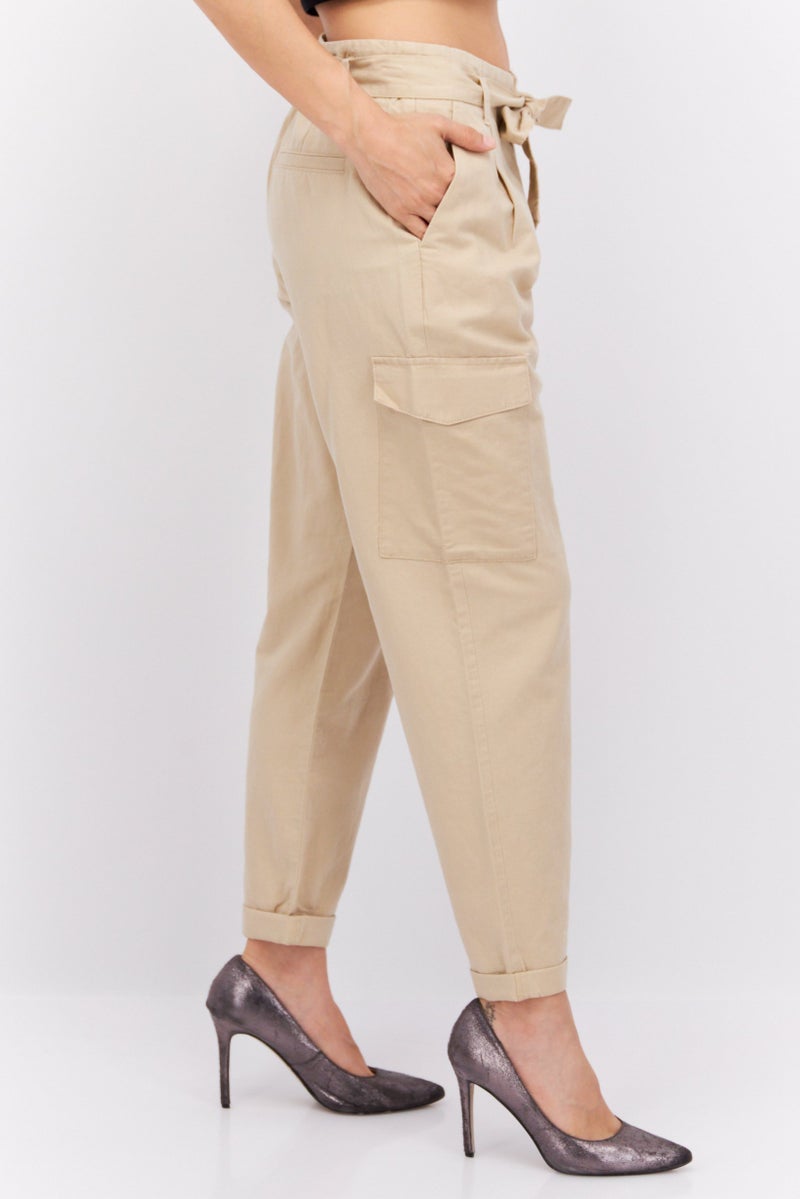 Women Straight Leg Belted Solid Cargo Pants, Tan