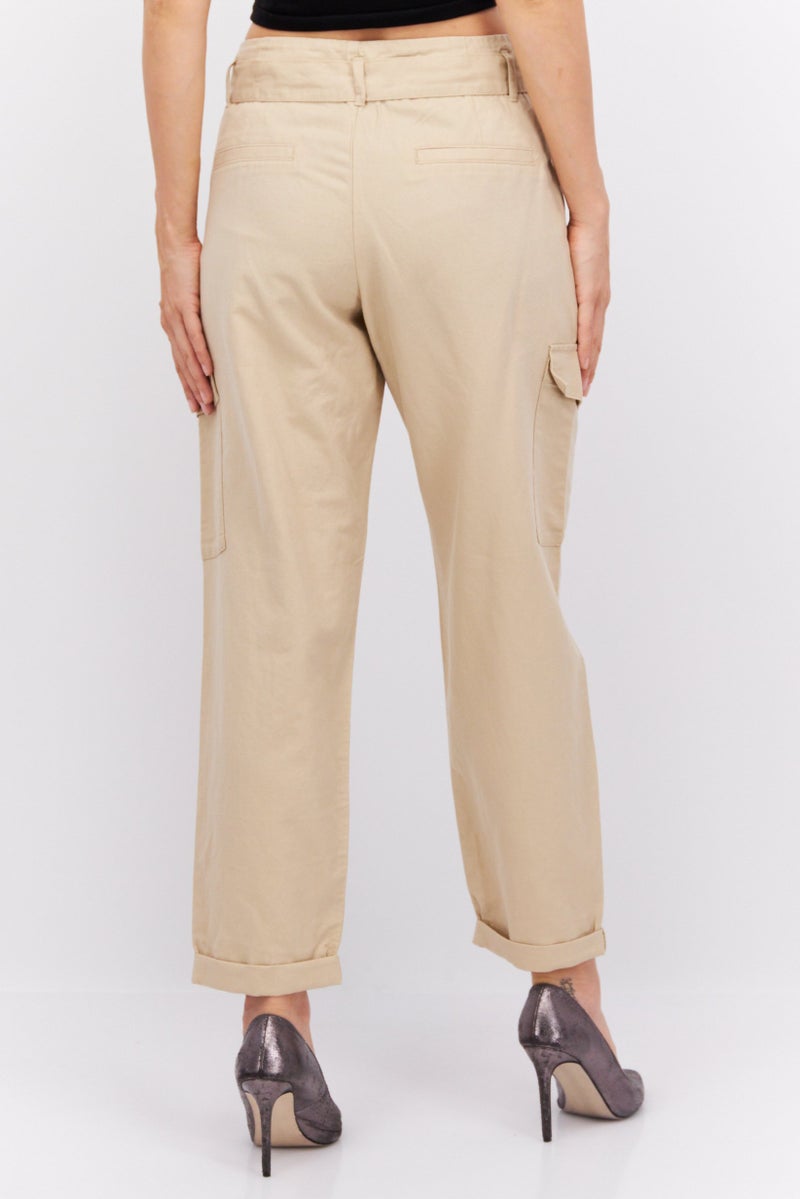 Women Straight Leg Belted Solid Cargo Pants, Tan