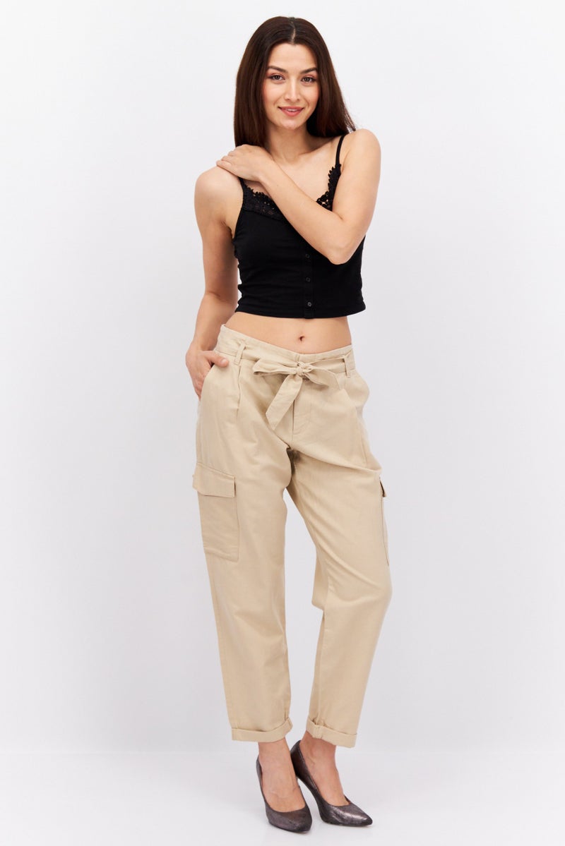 Women Straight Leg Belted Solid Cargo Pants, Tan