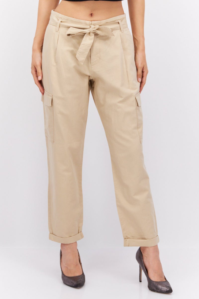 Women Straight Leg Belted Solid Cargo Pants, Tan