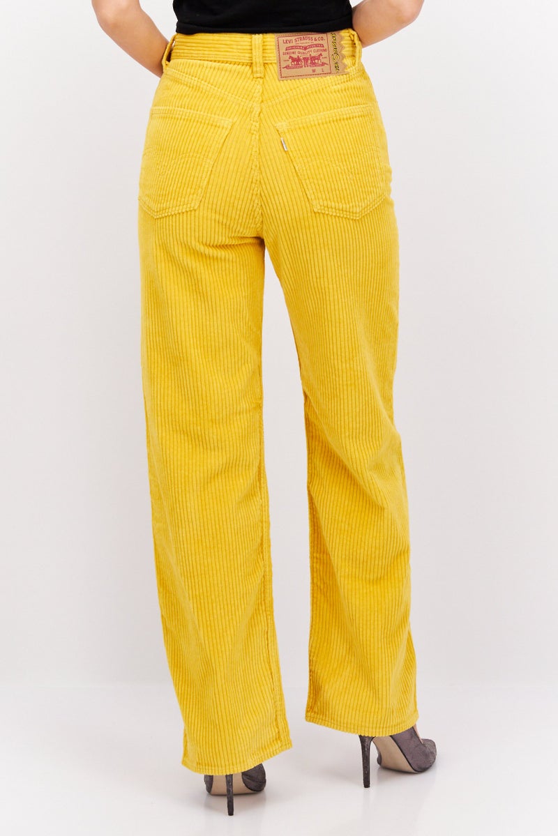 Women Loose Fit Textured Corduroy Pants, Yellow