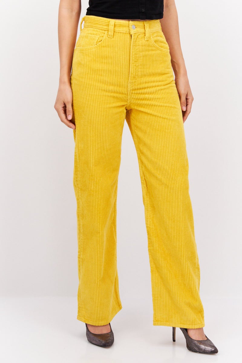 Women Loose Fit Textured Corduroy Pants, Yellow