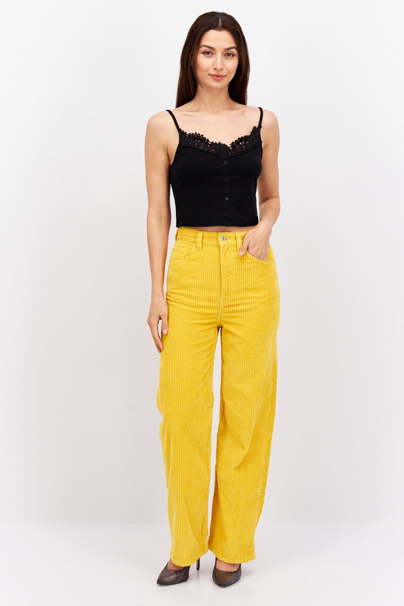 Women Loose Fit Textured Corduroy Pants, Yellow