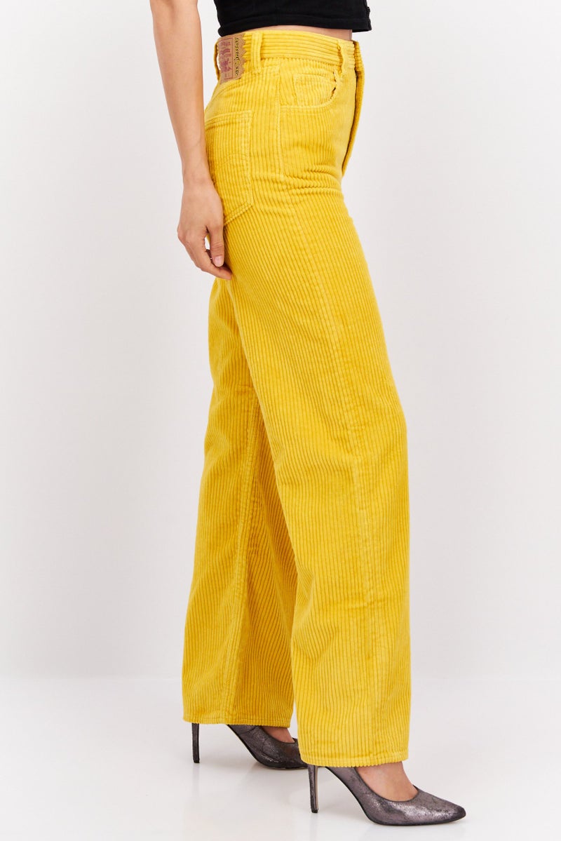 Women Loose Fit Textured Corduroy Pants, Yellow