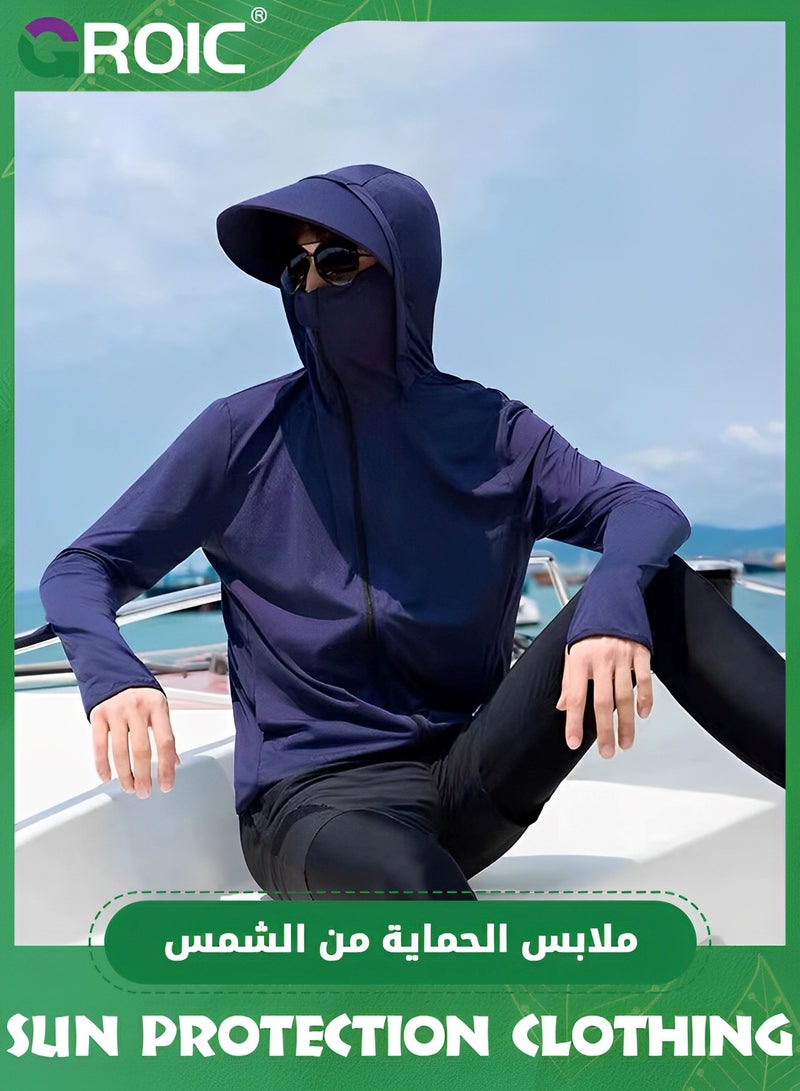 UPF 50+ UV Sun Protection Clothing with Removable Hat Brim for Men&women, Sun Protection Ice Silk Clothing Long Sleeve Hoodie Sun Shirt, Summer Elastic Quick Dry Sun Shirts Full Zipper Fishing Jacket