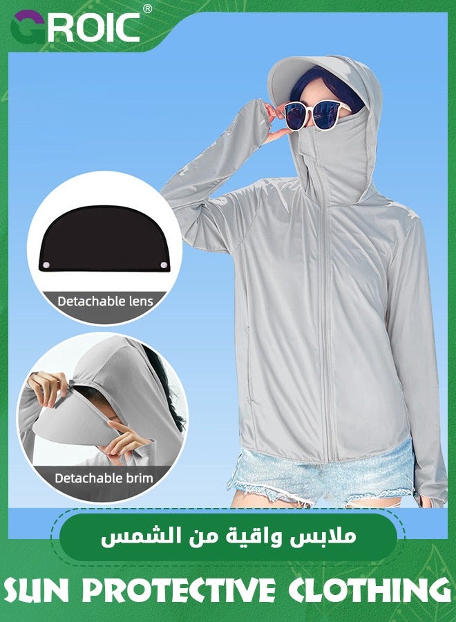 UPF 50+ UV Sun Protection Clothing with Removable Sunglass and Brim for Women & Men, Sun Protection Ice Silk Clothing Long Sleeve Hoodie Sun Shirt, Athletic Hiking Lightweight Zipper Outdoor Jacket