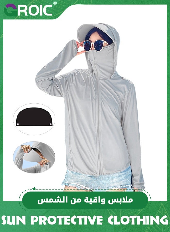 UPF 50+ UV Sun Protection Clothing with Removable Sunglass and Brim for Women & Men, Sun Protection Ice Silk Clothing Long Sleeve Hoodie Sun Shirt, Athletic Hiking Lightweight Zipper Outdoor Jacket