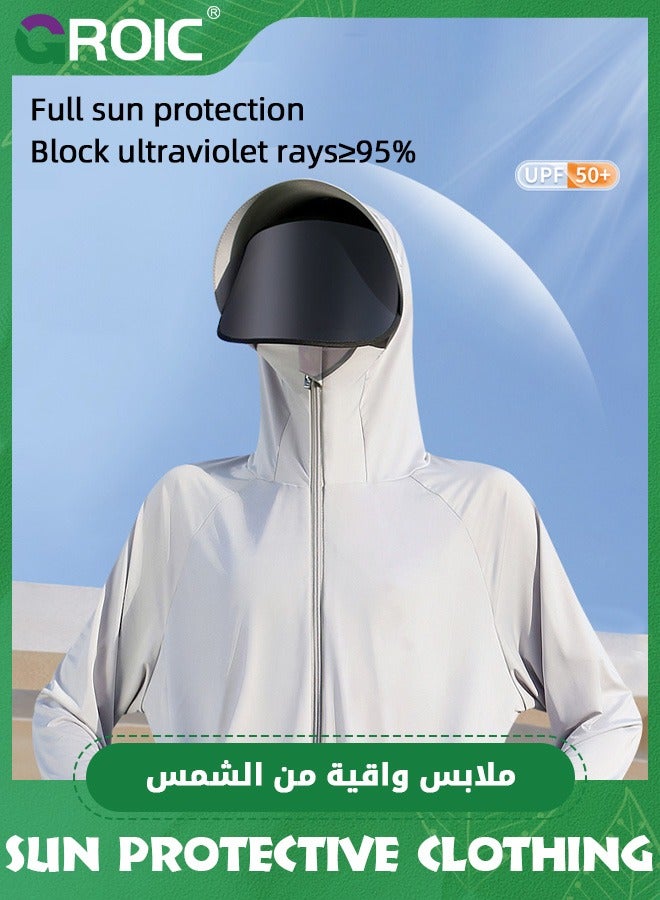 UPF 50+ UV Sun Protection Clothing with Removable Sunglass and Brim for Women & Men, Sun Protection Ice Silk Clothing Long Sleeve Hoodie Sun Shirt, Athletic Hiking Lightweight Zipper Outdoor Jacket