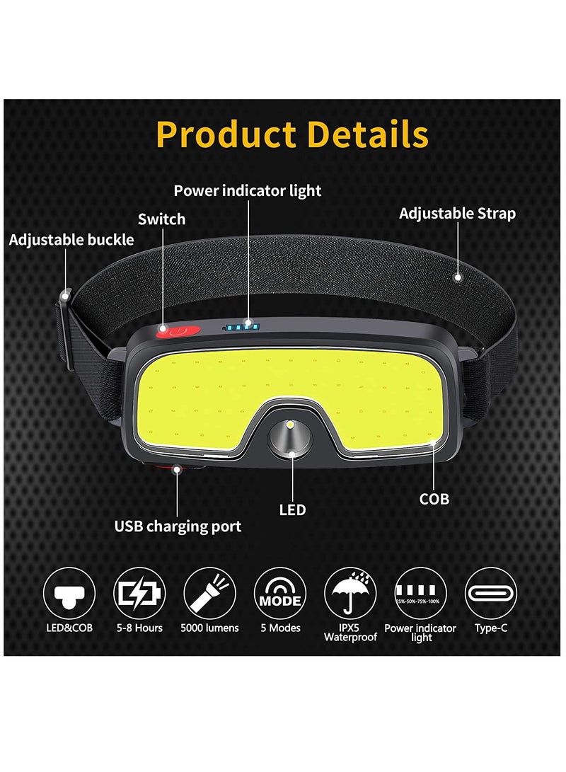 Rechargeable Headlamp Flashlight, 5000 Lumen Wide Beam Led Headlamp, 5 Lighting Modes, Lightweight Waterproof Light Bar Headlamp, Suitable for Outdoor, Running, Fishing, Camping