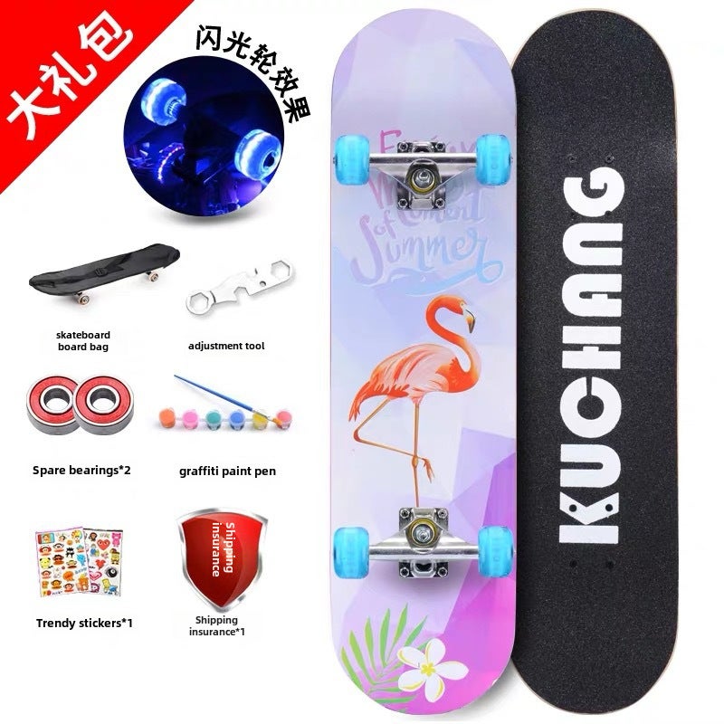 4-Wheel Maple Skateboard for Kids Boys Girls Professional-KC floral flash wheel