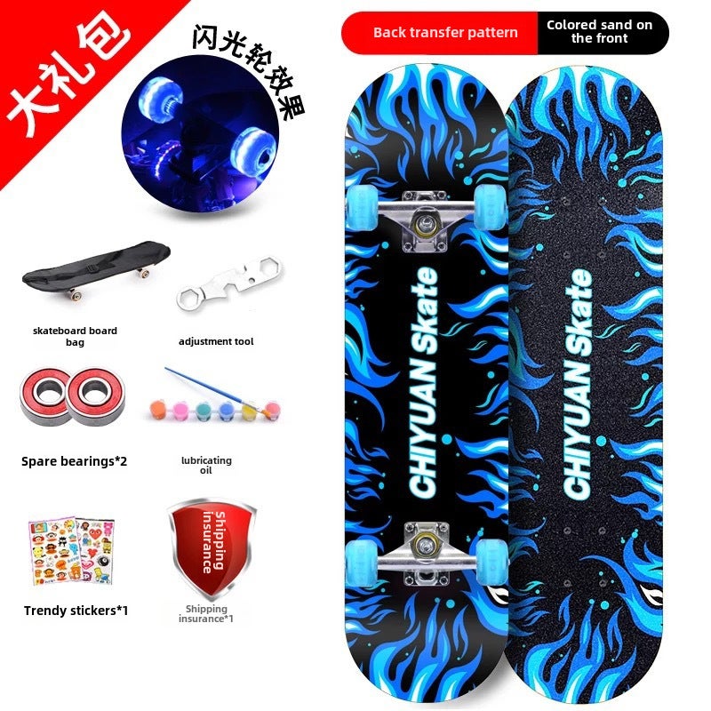 4-Wheel Maple Skateboard for Kids Boys Girls Colored sand-CY Blue Flame flash wheel