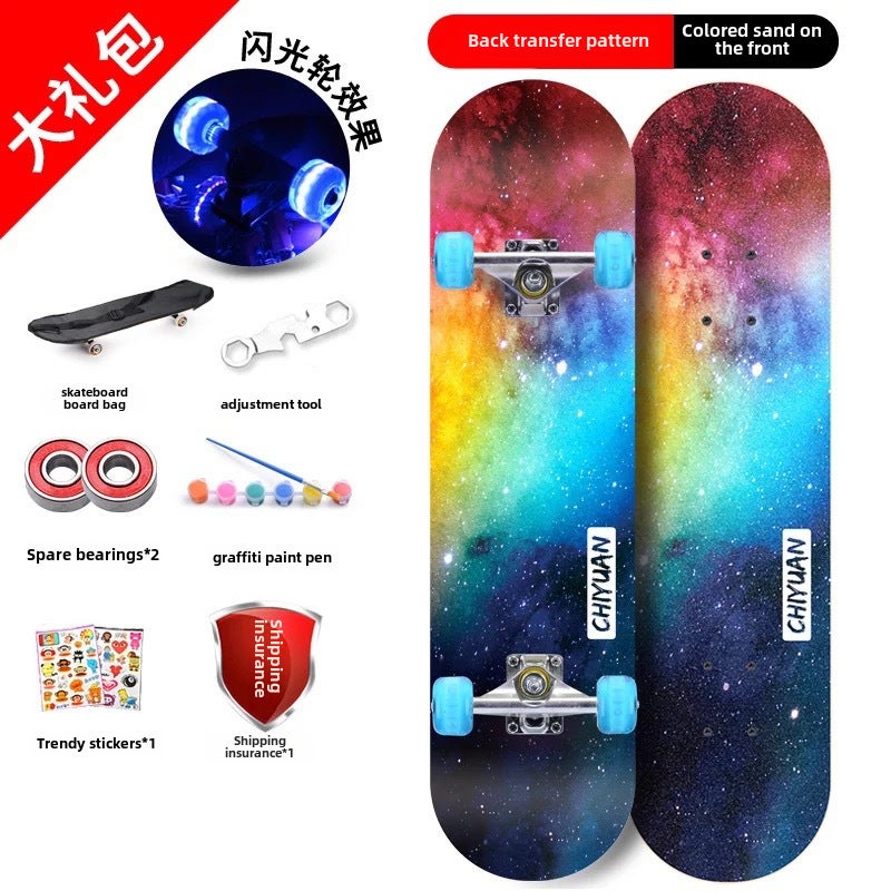 4-Wheel Maple Skateboard for Kids Boys Girls Colored Sand-Nebula Flash Wheel